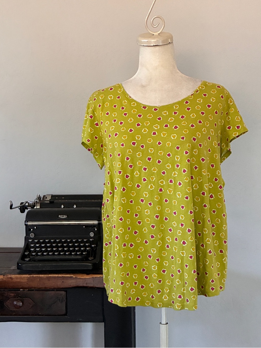 Gudrun Sjoden Sunny Swedish Bohemian Floral Top in Chartreuse - Size Large
